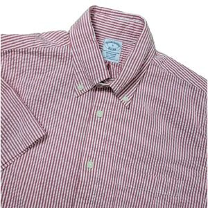 Brooks Brothers Mens Small Red White Striped Performance Seersucker Button Down